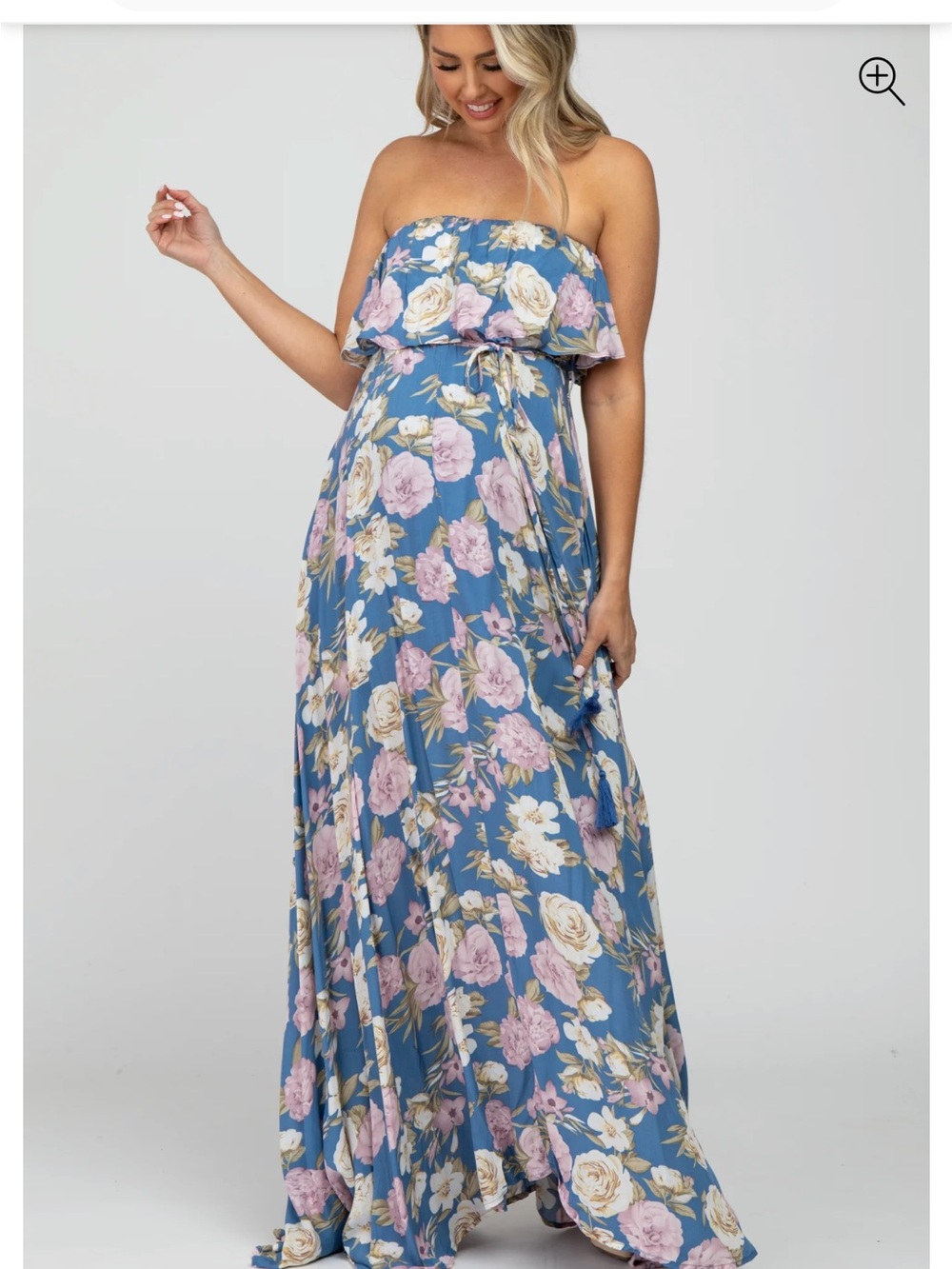 Maternity Strapless Blue Floral Maxi Dress